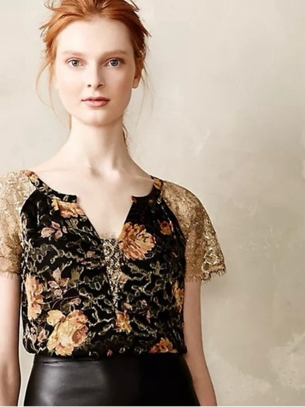 Anthropologie HD in Paris Disa Metallic Gold Lace Floral Top Retro Boho Size 8